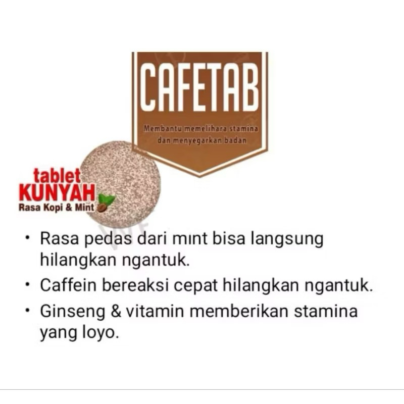 

CAFETAB Tab Kunyah Rasa Kopi Caffein anti Ngantuk menjaga stamina konsentrasi saat Menyetir