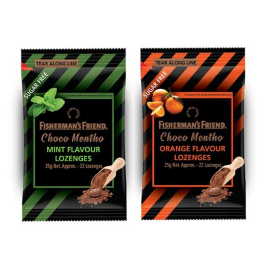 

Fisherman's Friend Choco Mentho Mint Flavour Lozenges 25 gr / Fisherman's Friend Choco Mentho Orange Flavour Lozenges 25 gr / Permen Bebas Gula