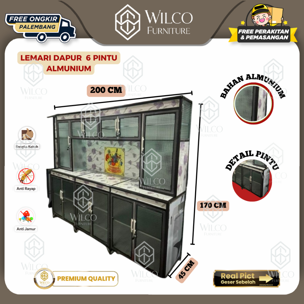 Lemari Dapur Aluminium 6 Pintu Panjang 200cm | Lemari Aluminium Alma Jumbo 6 Pintu