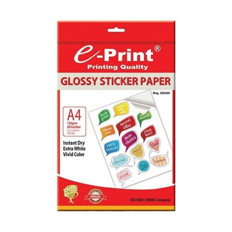 

Glossy Sticker Paper Merk e-Print Ukuran A4 135 gsm Tekstur Mengkilap [Isi 20 Sheets]