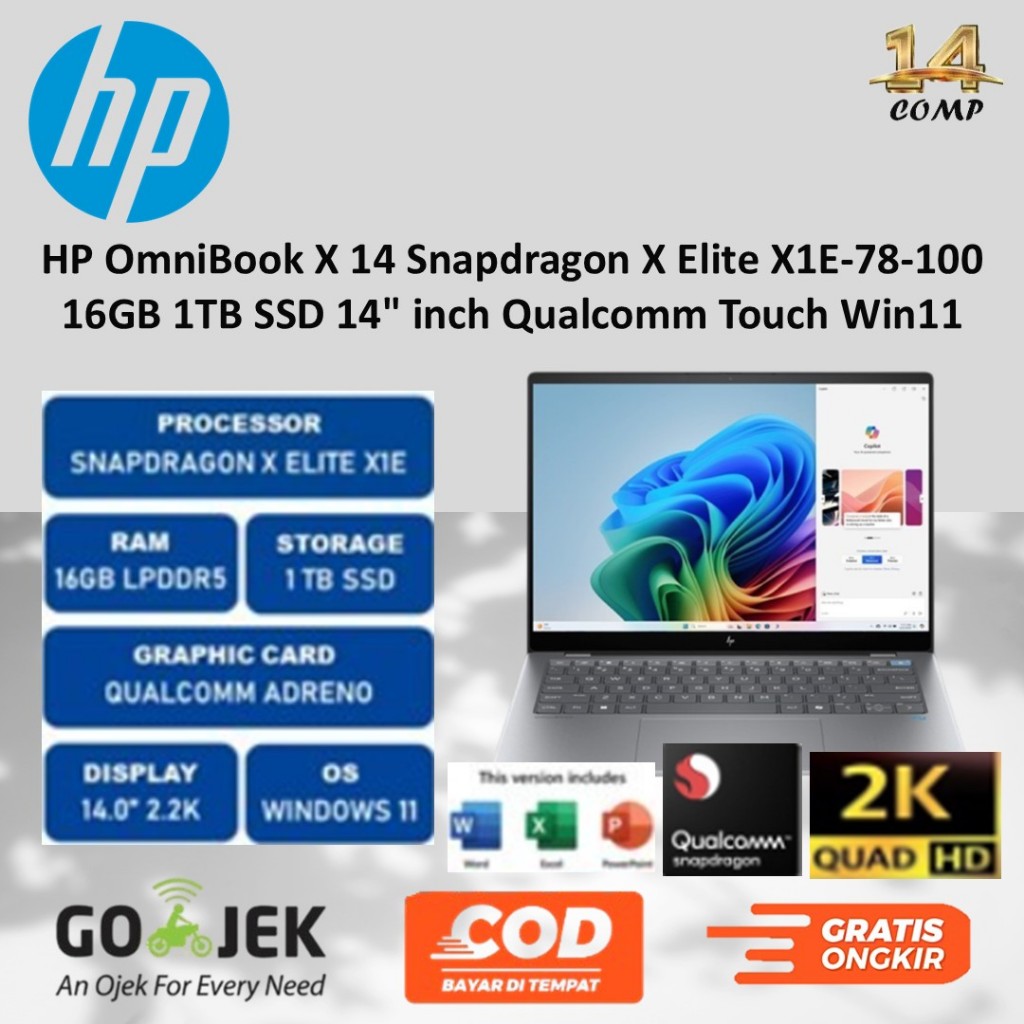 Laptop HP OmniBook X 14 Snapdragon X Elite X1E-78-100 16GB 1TB SSD 14" inch Qualcomm Touch Win11