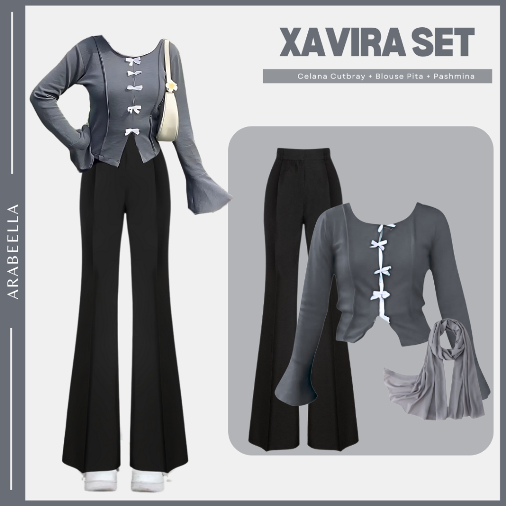 Setelan Wanita Xavira / Celana  Cutbray / Blouse Pita /   Pashmina Ceruty / One Set Korean / Hangout
