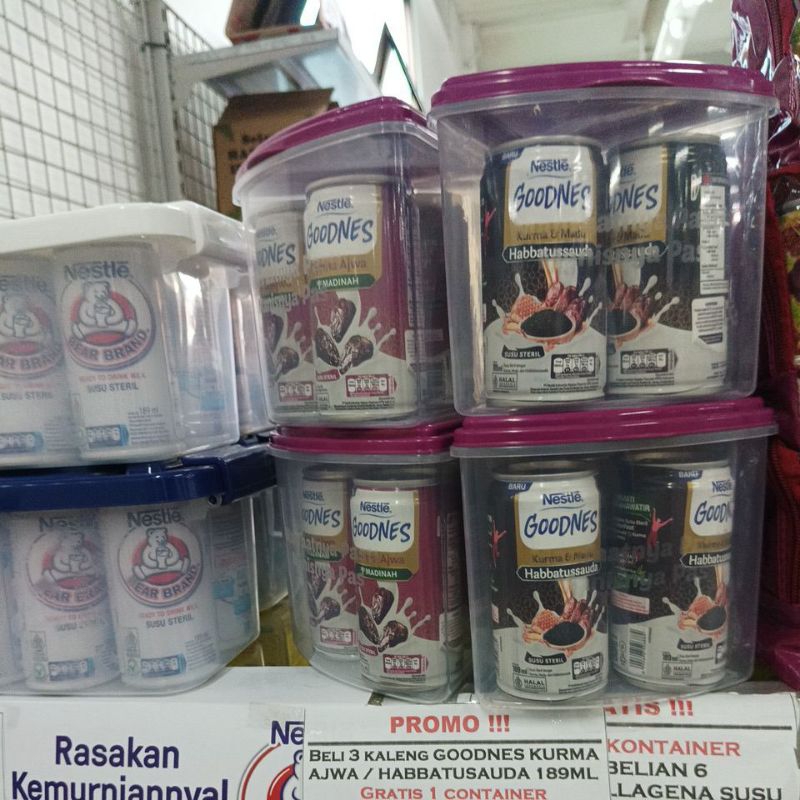 

susu steril Nestle Goodness Kurma Ajwa & Habbatussauda (Habbatussauda,Madu,Kurma) Promo beli 3 kaleng gratis 1 container tirangle