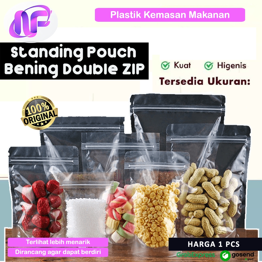 Standing Pouch Bening Polos Double Seal Plastik Klip Bening Kemasan Plastik Klip Berdiri Ziplock Kem