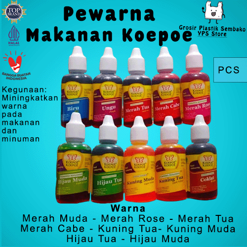 

KOEPOE Pewarna Makanan 30ML (1Pcs) Warna Merah Muda, Merah Rose, Merah Tua, Merah Cabe, Kuning Tua, Kuning Muda, Hijau Tua, Hijau Muda.