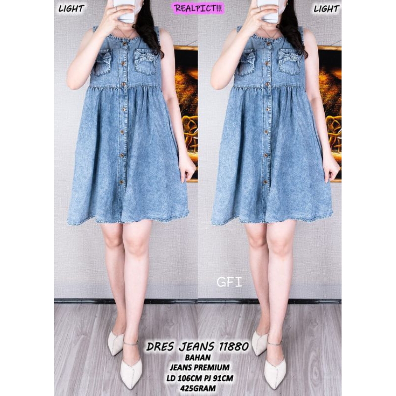 GFI Dress Wanita Jeans Denim Premium LD106 pj91 full kancing tanpa lengan