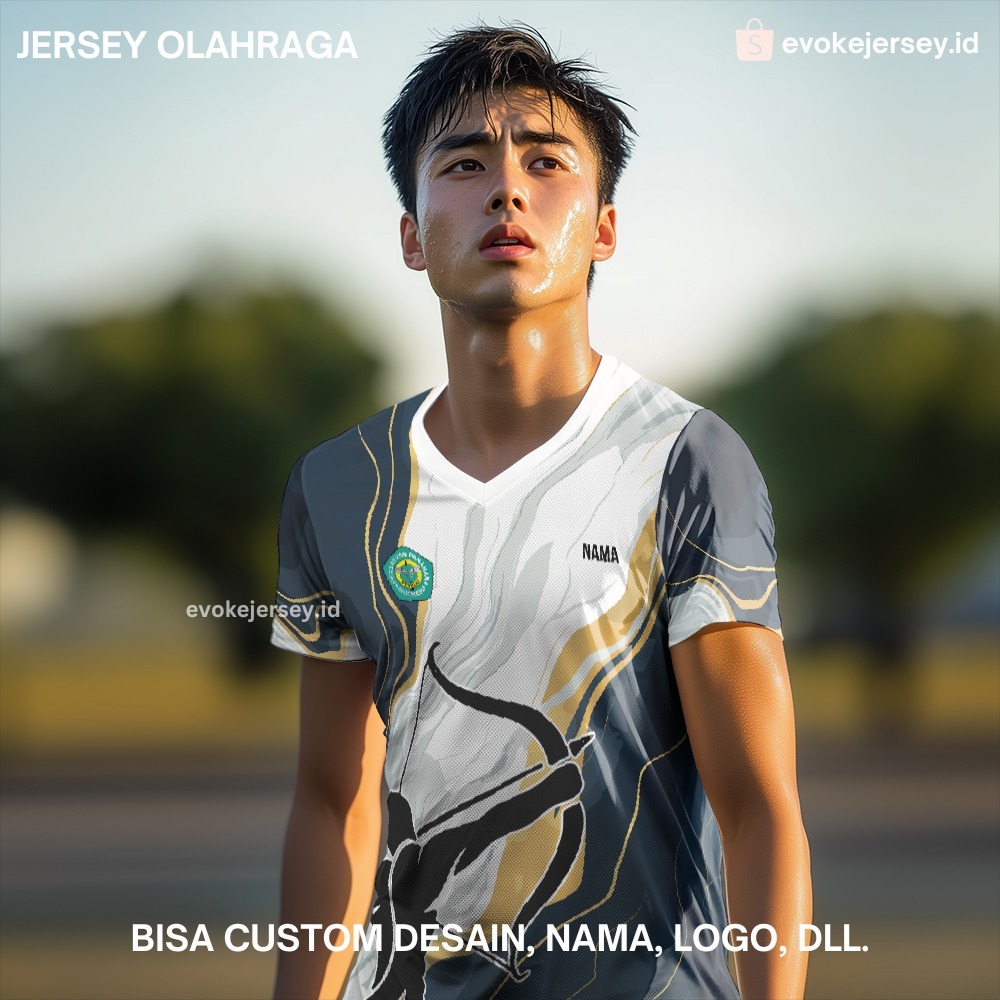 Kaos Jersey Panahan Putih Navy Gold Motif Abstrak 161 - Jersey Olahraga Custom Full Printing