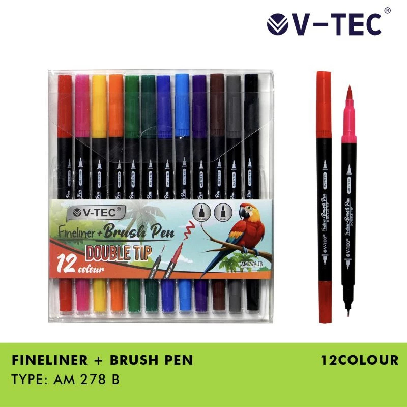 

V-TEC Fineliner + Brush Pen 12 Color AM 278 FB Spidol 12 Warna Dual Tip 2 In 1