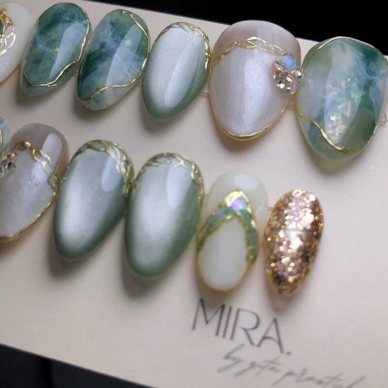 Green Marble Sage Nail Art Wedding Press On Nails Silky Cat Eye