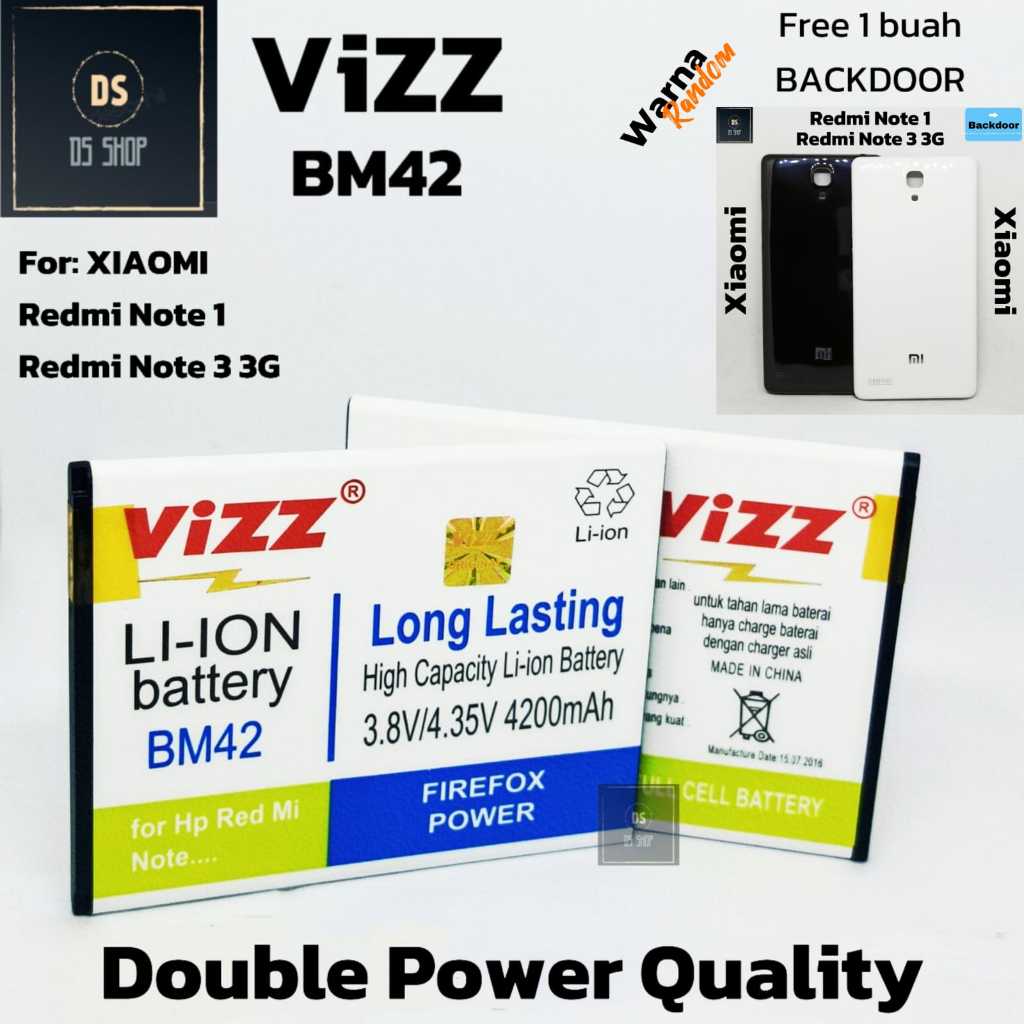 BM 42 FREE BACKDOOR Baterai HP Xiaomi Redmi Note 1 3G 4G  BM42 Batre Xiomi Double Power VIZZ Batrai