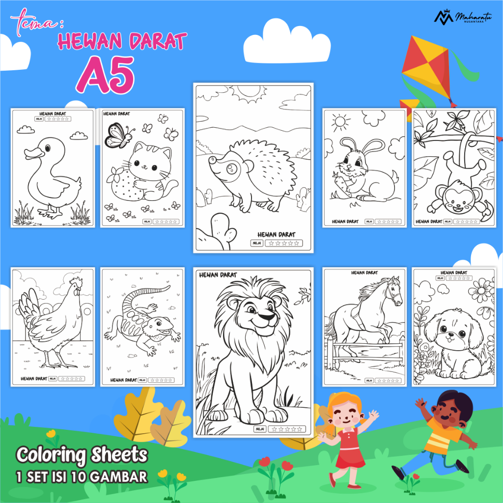 

[HEWAN DARAT] KERTAS MEWARNAI EDUKASI ANAK - LEMBAR GAMBAR 1 SET 10 LEMBAR READY STOCK UKURAN A5 - COLORING SHEETS FOR KIDS