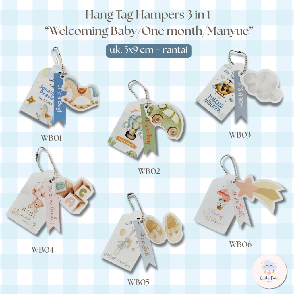 

NEWPRODUCT2025!! HANGTAG HAMPERS ONE MONTH/MANYUE/WELCOMING BABY 3in1 + CUSTOM NAMA + RANTAI (ISI 30 PCS)