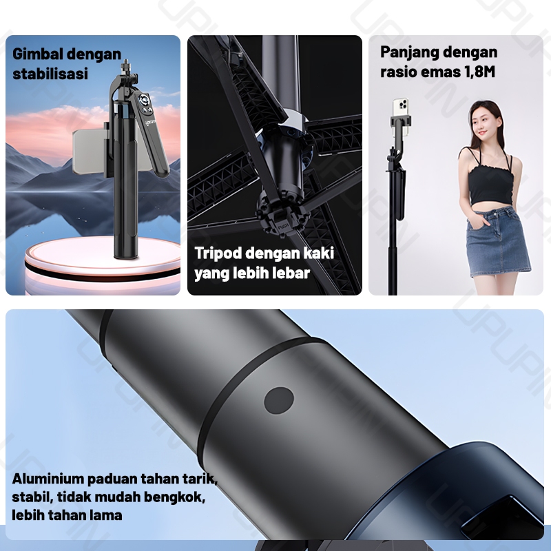 IK8 UPUPIN Tongsis Tripod Bluetooth 1.8M Quadpod Portable Tripod Remote Untuk Hp Kamera 4in1 Ring