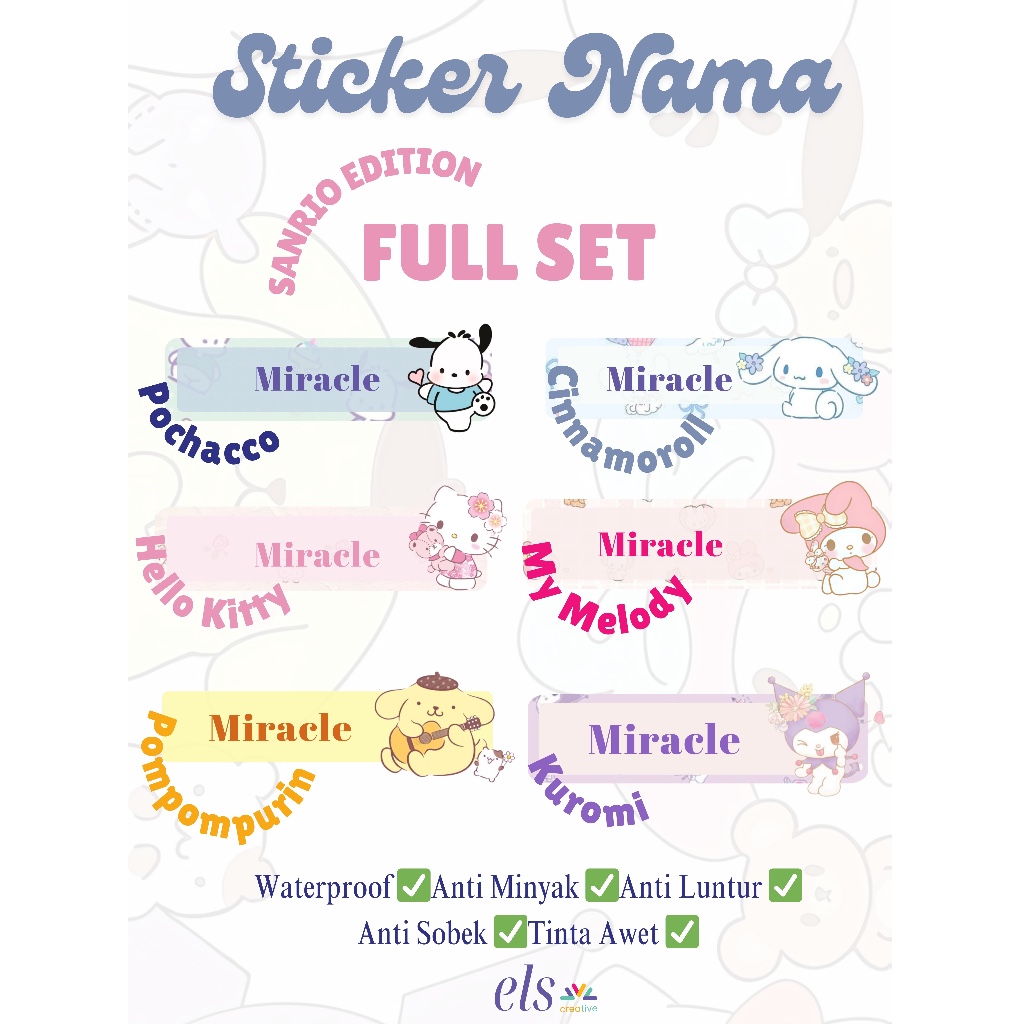 

FULL SET SANRIO STICKER PACK Stiker Label Nama Anak Custom Premium Quality Print Karakter Sanrio Sticker Pack Waterproof Oilproof Promo Termurah Bandung Ready