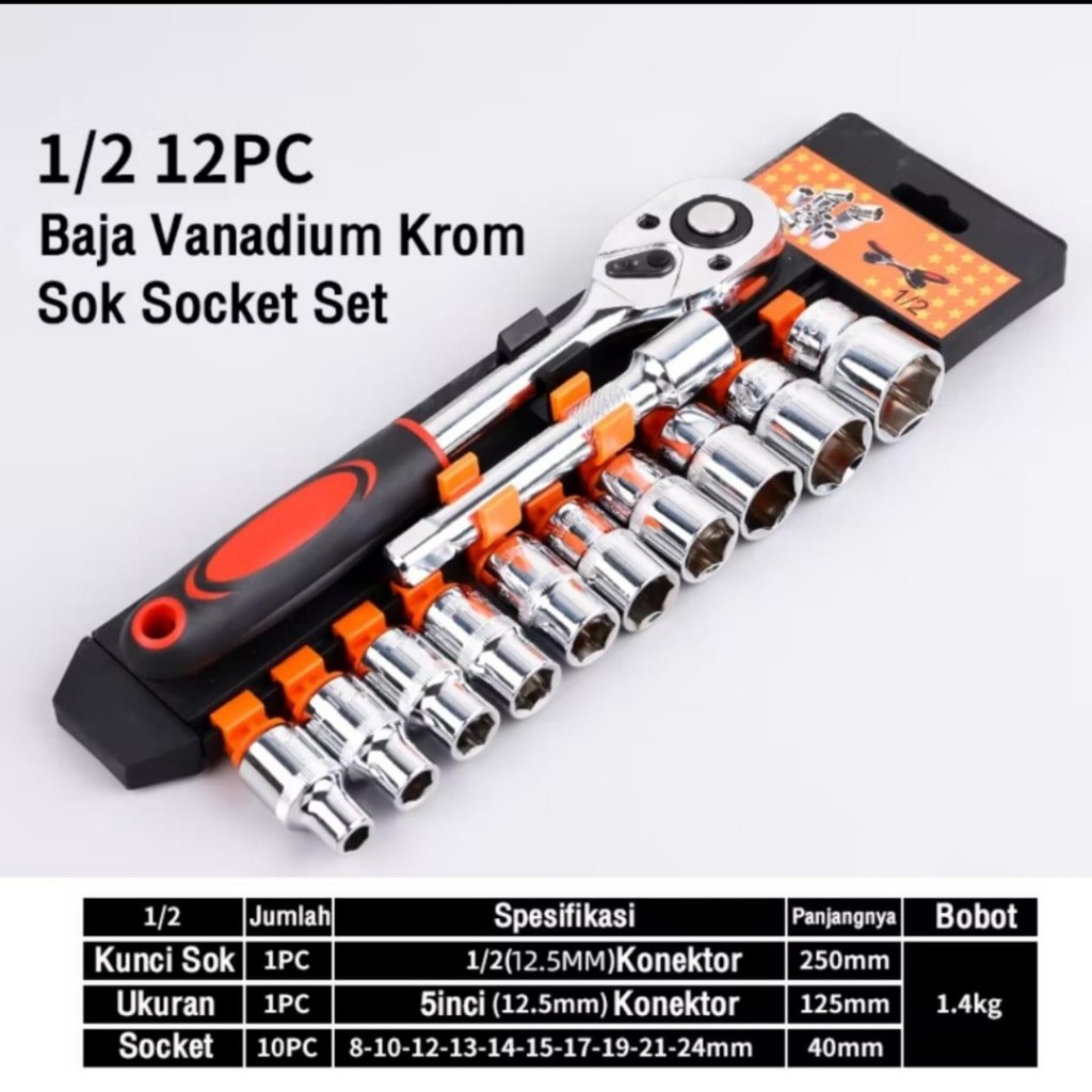 KUNCI SHOCK SET 12 PCS 1/2" 8-24MM CRV RATCHET SOCKET WRENCH CRV ALAT PERKAKAS MOTOR KUNCI SHOCK BAU