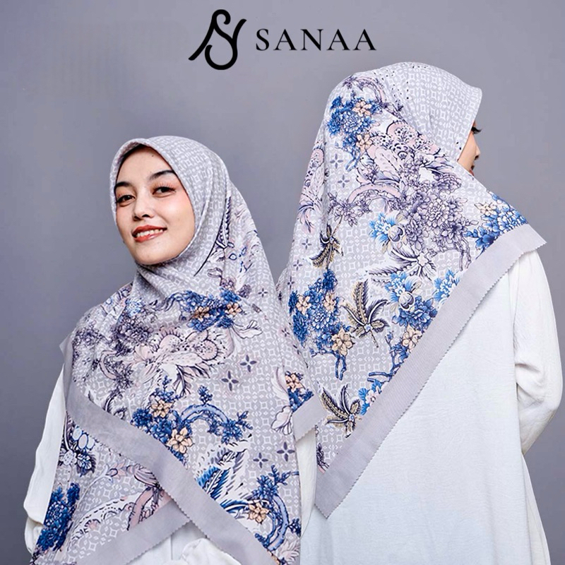 SANAA - Hana Hijab Segi Empat Syar'i Voal Jumbo Motif Bunga Abu Biru