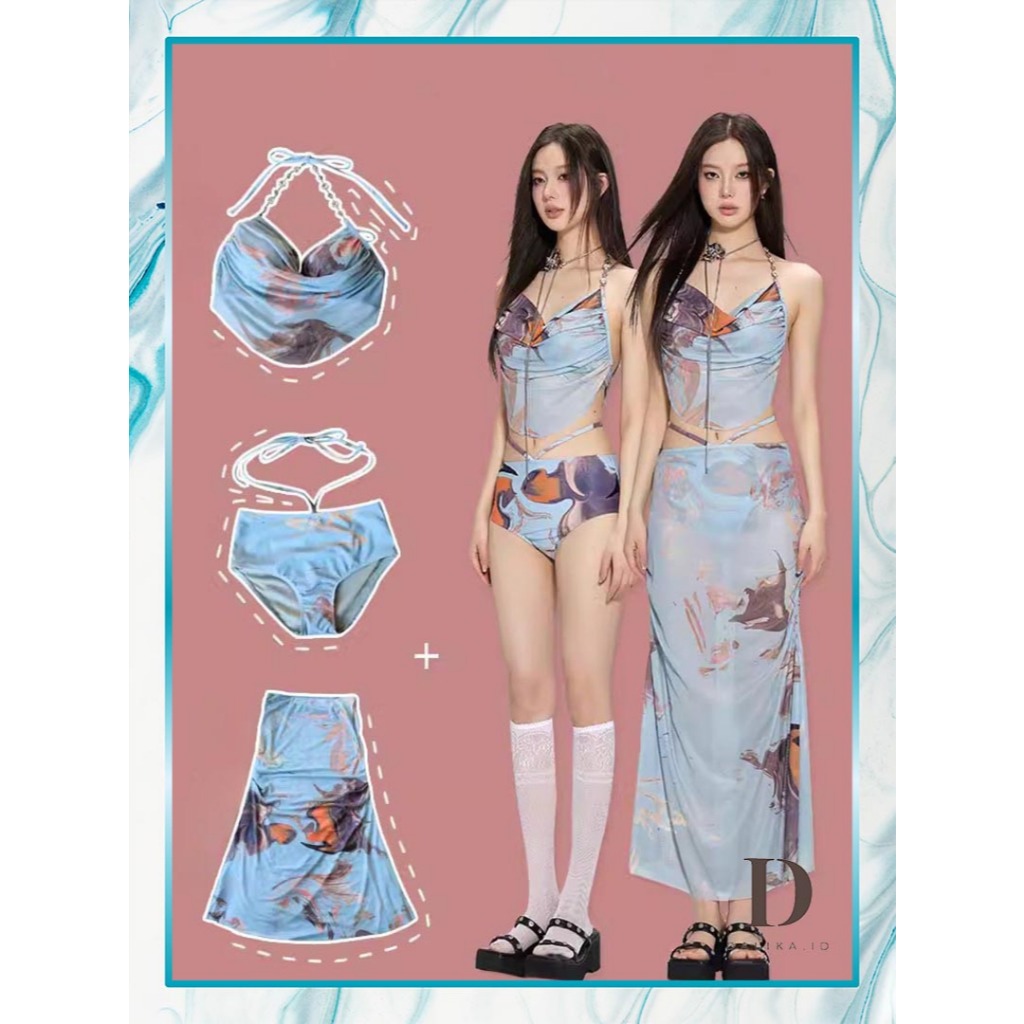Bikini Swimsuit Beachwear Three Piece Wanita High Waist Motif Abstrak Gaun Outer Biru Pink Panjang F