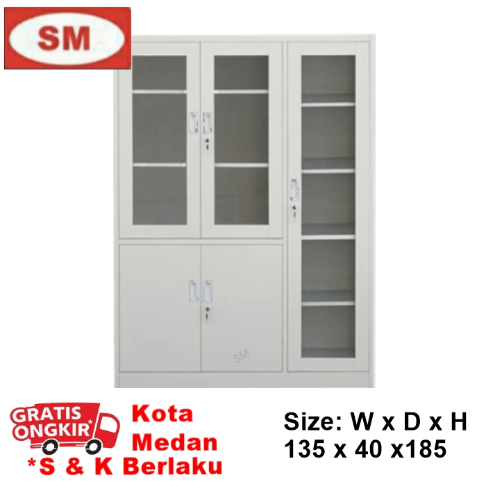 LEMARI FILING CABINET BESI 3P - LEMARI BUKU PINTU BUKA KACA - LV 303 - MOTIF ABU