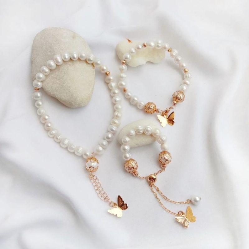 Set tasbih, gelang, dan ring hijab mutiara air tawar asli Lombok