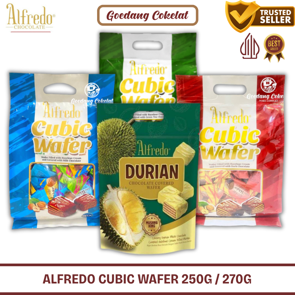 

Alfredo Cubic Wafer Hazelnut Milk Chocolate Durian Musang King Green Tea Kemasan Pack 250g