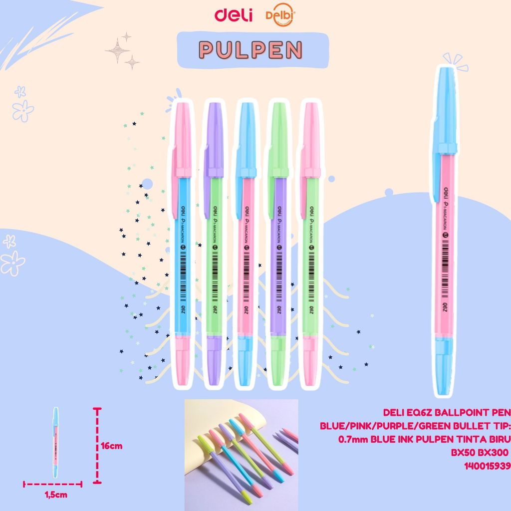 

DELI EQ6Z BALLPOINT PEN BLUE/PINK/PURPLE/GREEN BULLET TIP: 0.7mm BLUE INK PULPEN TINTA BIRU