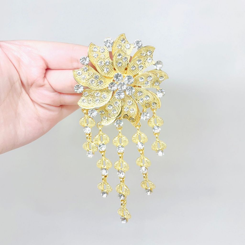 Bros mewah model rumbai bunga kristal emas/bros juntai bunga glamour warna gold