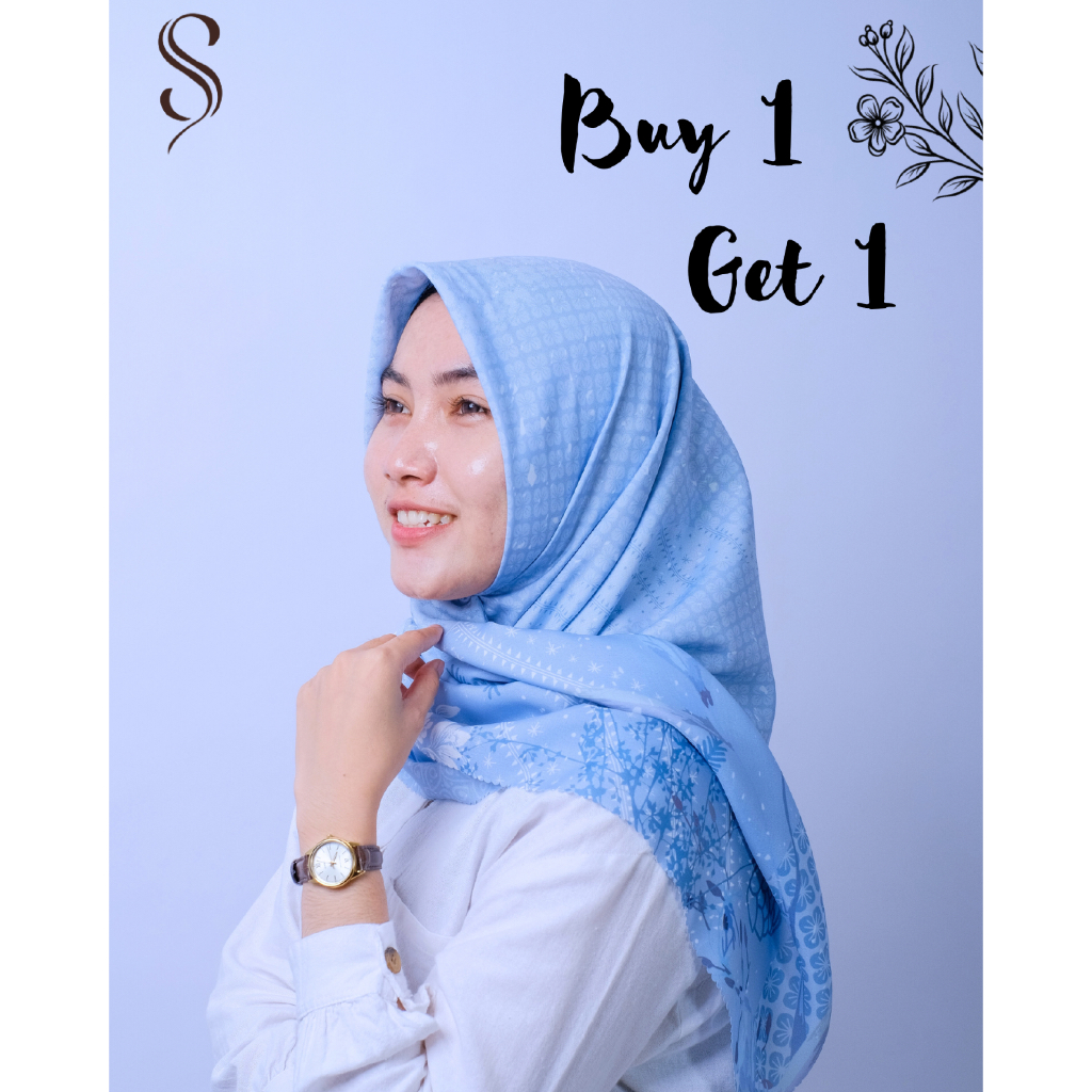 Syaqilla ~ Buy 1 Get 1, Blue Sky Hijab Motif Segi Empat Voal
