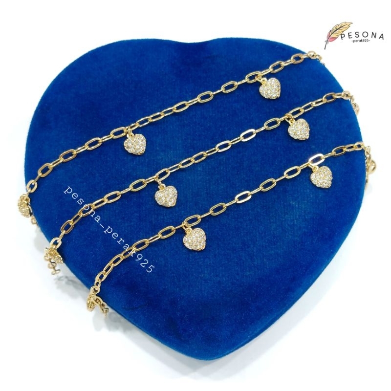 Gelang Tangan Dewasa Perak Asli Silver 925 Lapis Emas Putih Model Rantai Catena Gantungan Love denga