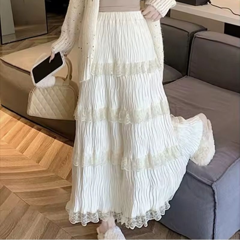 ROK IMPORT WANITA VELVET RENDA SUSUN PANJANG