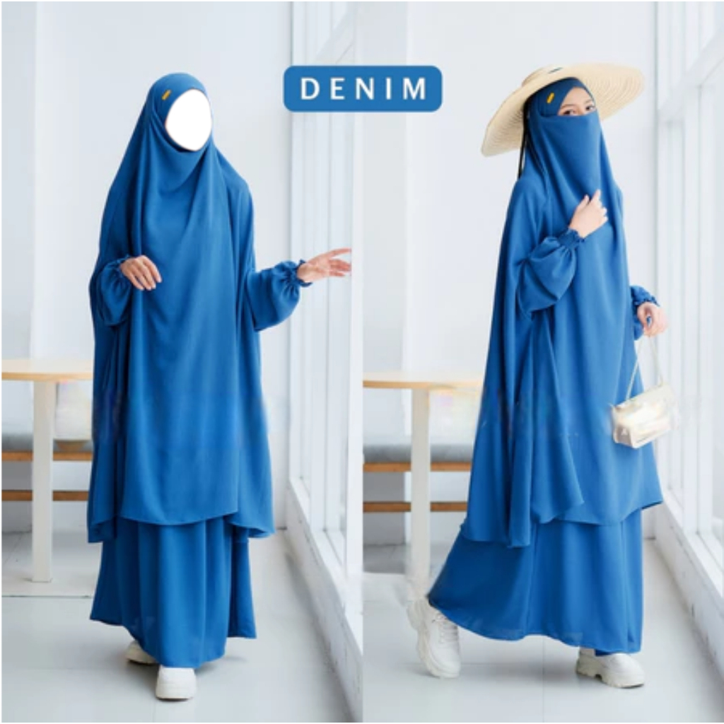 French Set Gamis Khimar Syari Warna Denim - Bahan Premium Adem Lembut Jatuh Anti Kusut & UV