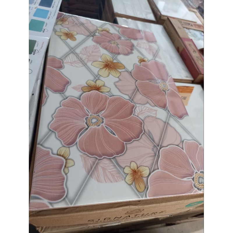 (BACA DESKRIPSI DULU) KERAMIK 25x40 HIBISCUS PINK BUNGA DINDING DAPUR KITCHEN SET wc signature spect