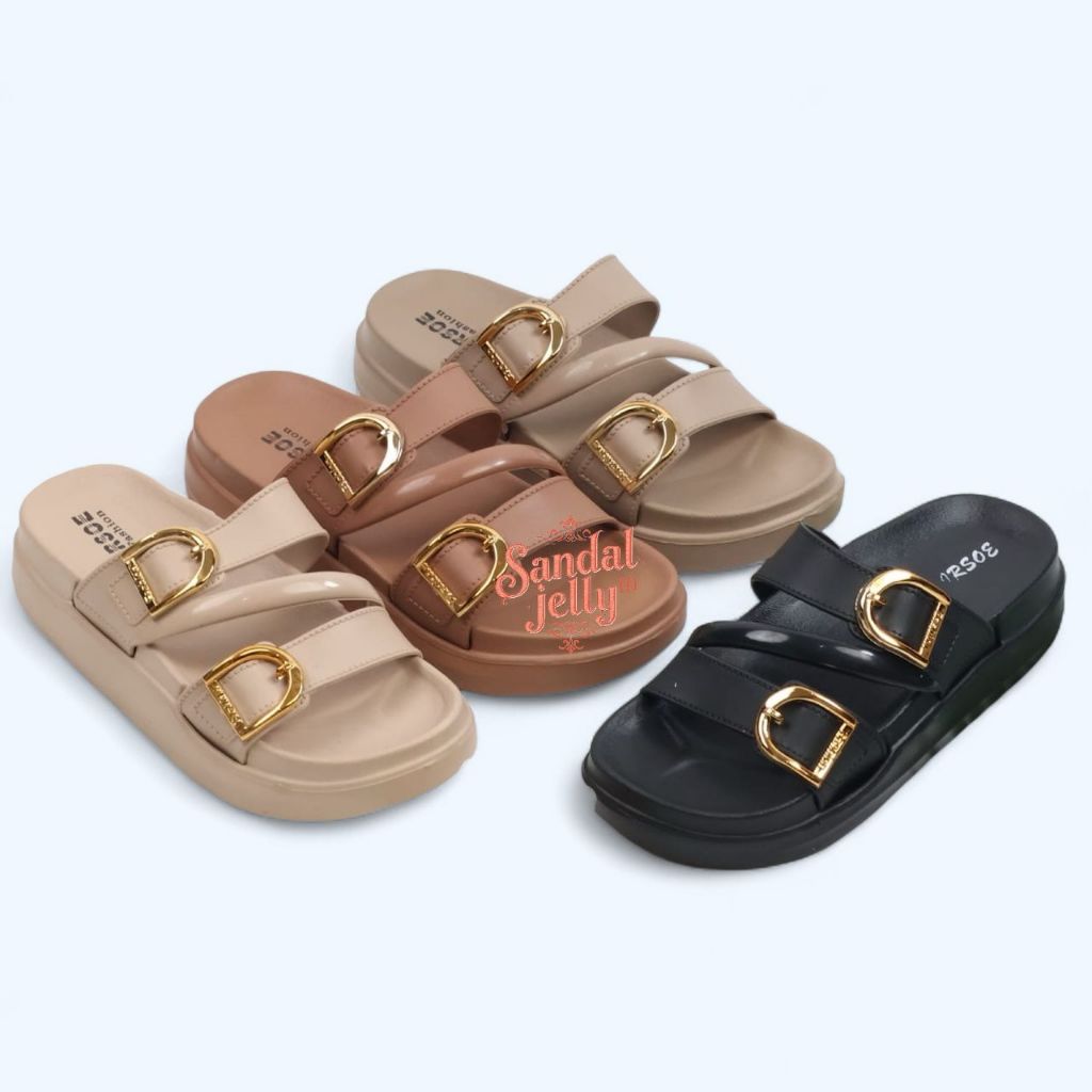 Sandal Jelly Wanita Terbaru/ Sendal Flat Gesper Karet Cewek Kekinian/ Irsoe 556M-3 Jelly Import