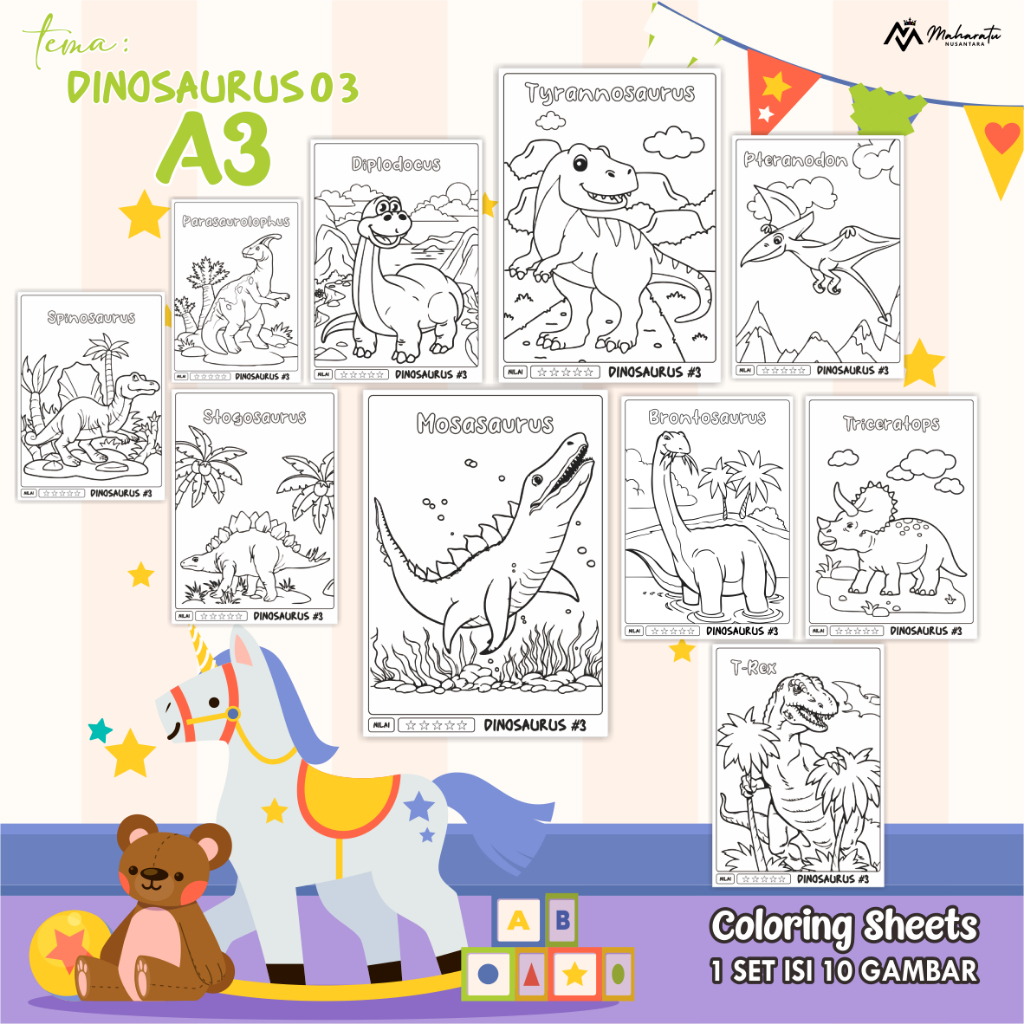 

[DINOSAURUS 03] KERTAS MEWARNAI UNTUK ANAK - KERTAS BER GAMBAR READY STOCK A3 - COLORING SHEETS