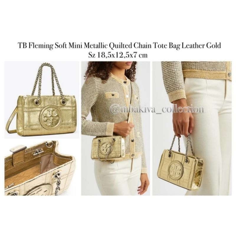 TB Fleming Soft Mini Metallic Quilted Chain Tote Bag Leather Gold