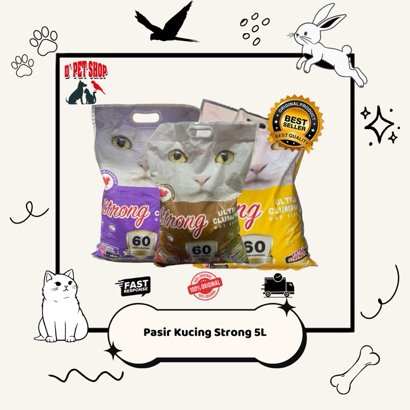 Pasir Kucing Strong 5L – Clumping Wangi Kopi Lavender Lemon Baby Powder Apel | Cat Litter Gumpal Wan