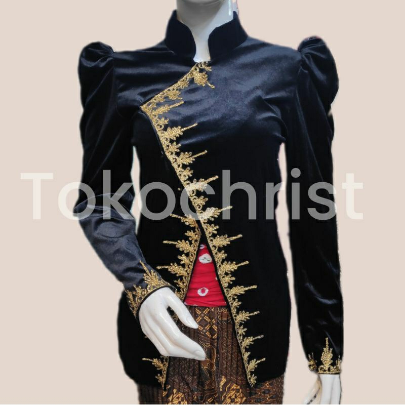 ( khusus custom / request ) atasan kebaya janggan gadis kretek lengan puff balon request hitam / bir