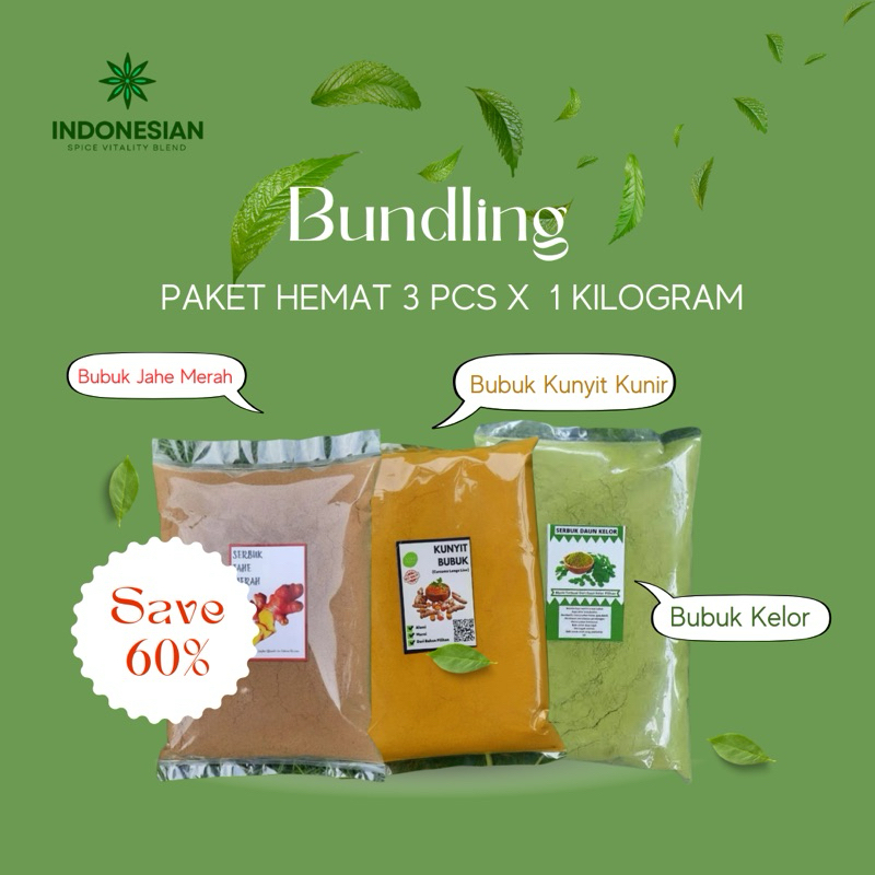 

PAKET HEMAT Bundling 3x1 KG Bubuk Kelor, Bubuk Kunyit Kunir, Bubuk Jahe Merah