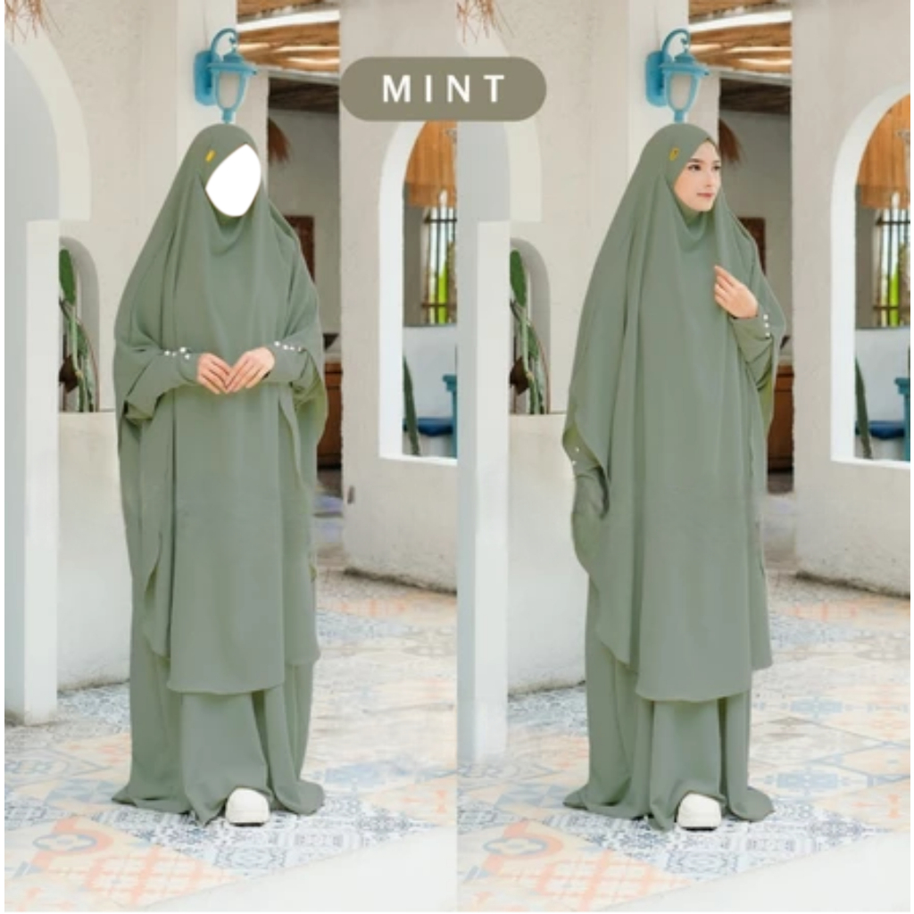 Set Gamis Syari Khimar Warna Mint Bahan Dingin Lembut Jatuh Anti Kusut Anti UV Lengan Kancing