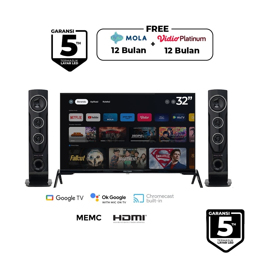 POLYTRON LED TV 32 INCH SMART TV  PLD-32TG9055+SPK T1032 / TV POLYTRON ADA SPEAKER