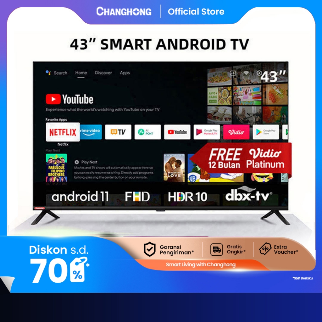 Changhong 43 Inch Newest Android 11 Frameless Smart TV Digital LED TV FHD -Netflix-Youtube-Google Pl
