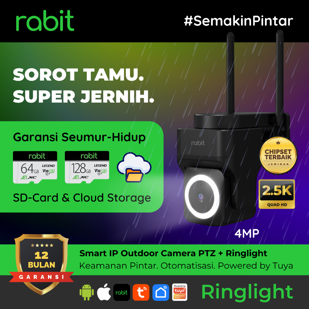 RABIT Smart IP Camera Outdoor PTZ Ringlight CCTV WIFI Camera Full HD 4 MP
