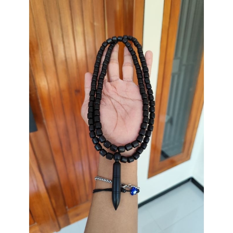 Kalung Tasbih 99 Butir Kayu Kelor Hitam Model Tabung Variasi Liontin Dim 8 mm