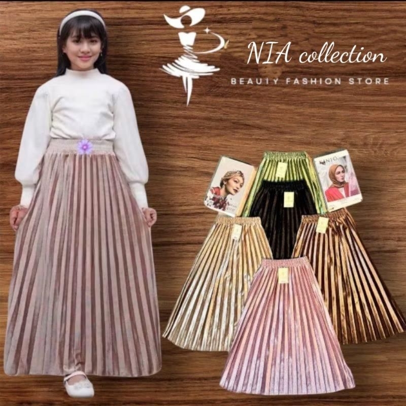 Rok Plisket Bludru Anak Premium Usia 4-12 Tahun - Stretch, Tebal, dan Glowing - Dress, Gamis, Cewek,