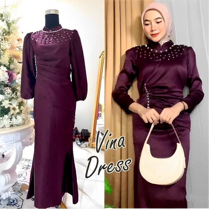Vina Dress Wanita Muslim Satin Silk Premium Model Mermaid Viral Wudhu Friendly Baju Kondangan Gamis 