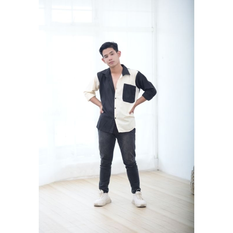 kemeja pria Kasual Hitam Putih tulang