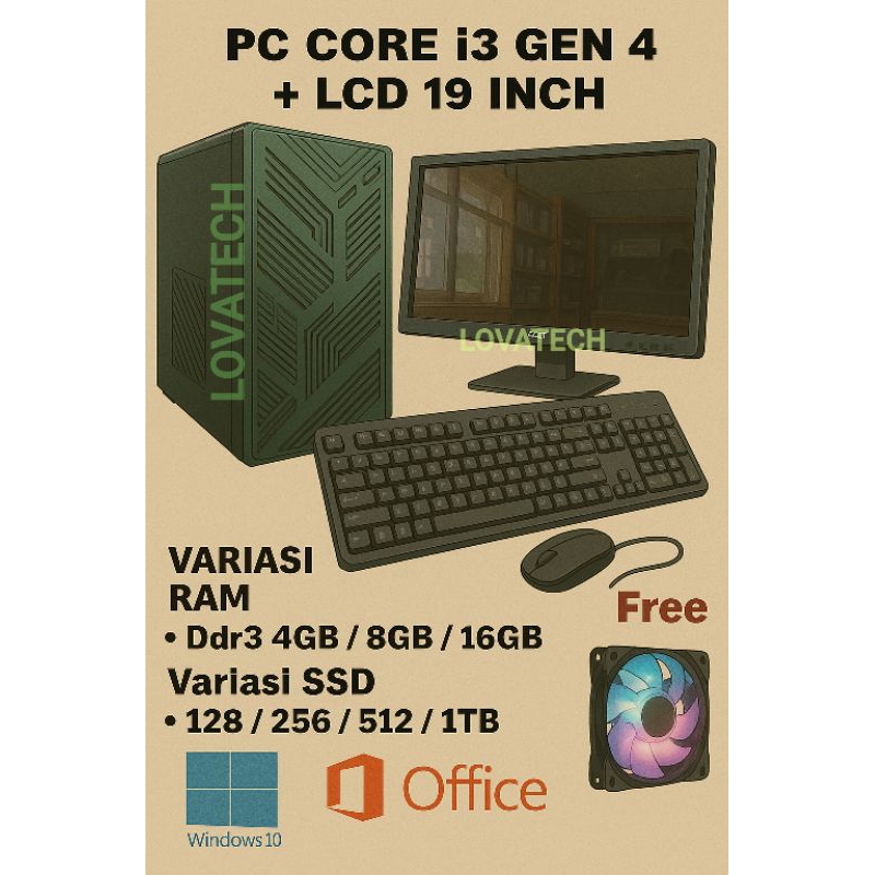 PC KOMPUTER FULLSET MURAH | PC RAKITAN FULLSET CORE I3 GEN 4 RAM 16GB | SSD 512GB + MONITOR LCD 19 I
