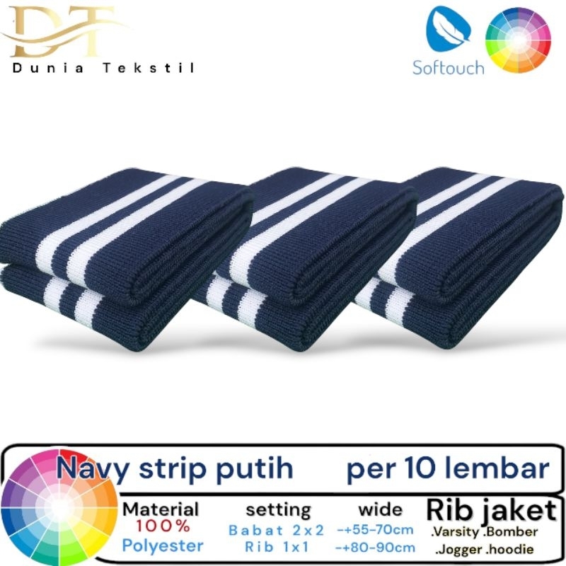 kain rib/bur jaket navy salur putih Polyester premium tebal
