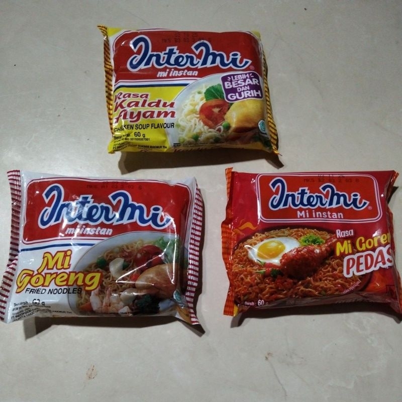 

Intermi mi instan rasa kaldu ayam, mi goreng dan mi goreng pedas 60. gr.