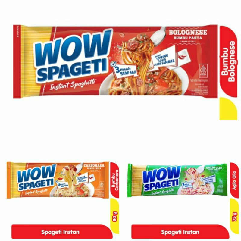 

Wow Spageti Instan Bolognese 84g/Carbonara 88g/Aglio Olio 75g