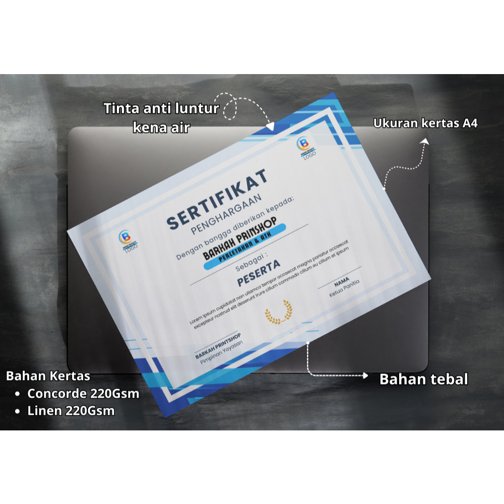 

Cetak Print Sertifikat Piagam Brevet Lisensi Penghargaan A4 Concorde konkord Linen Tebal Anti Luntur Tahan Air